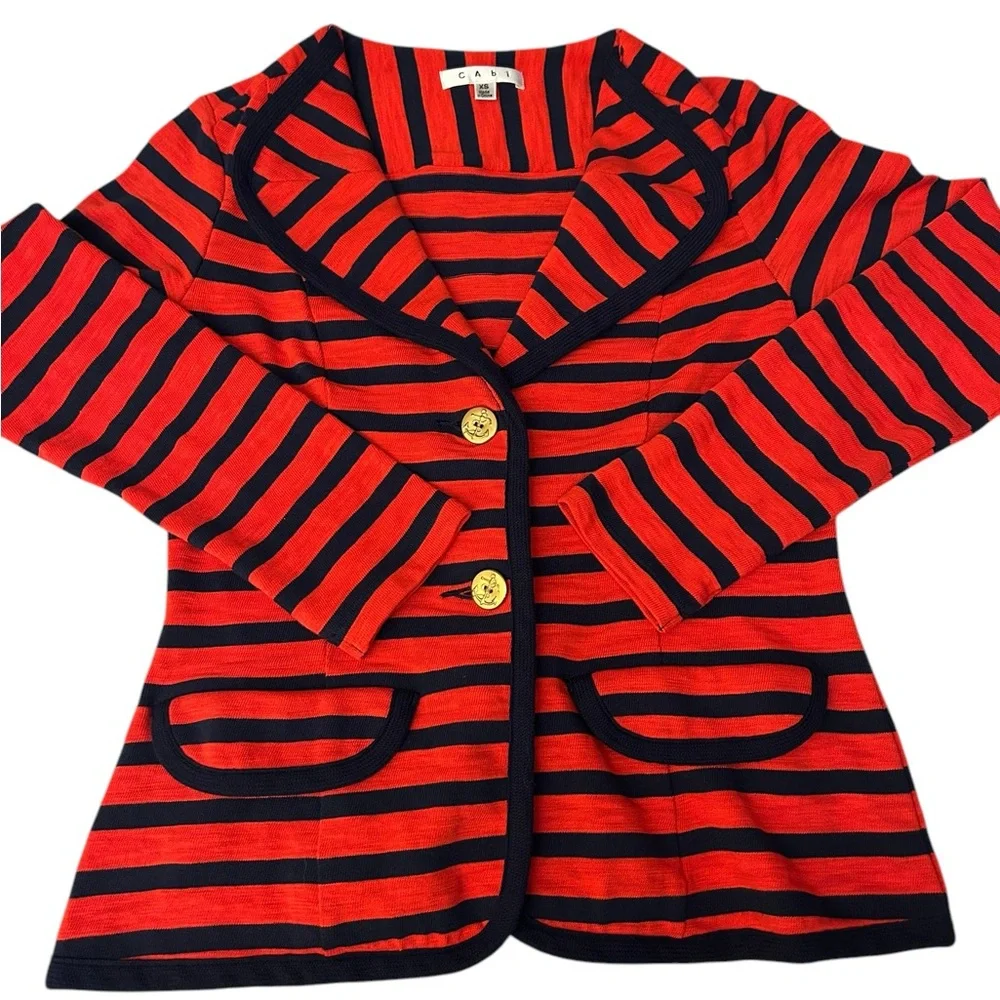CAbi Au Revoir Yacht Club Red Blue Striped Nautical Blazer Gold Buttons XS‎